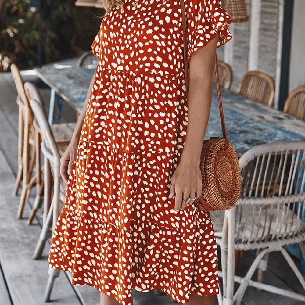 Pretty Garden O'Neck Floral Dot Short Ruffled Sleeve Tiered Bodice Small Dress